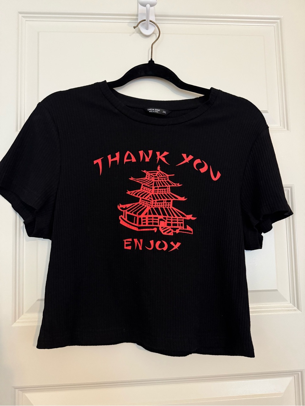 SHEIN Black Ribbed Short Sleeve Tee with Red Pagoda Graphic